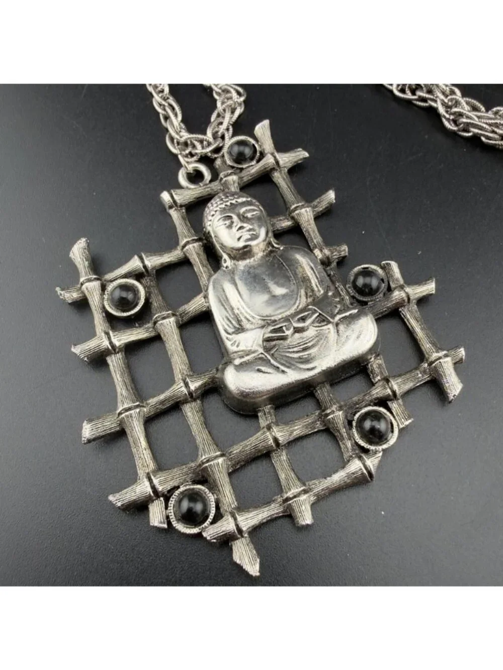 Vintage Silver Tone Black Bead Buddha Pendant Necklace 27